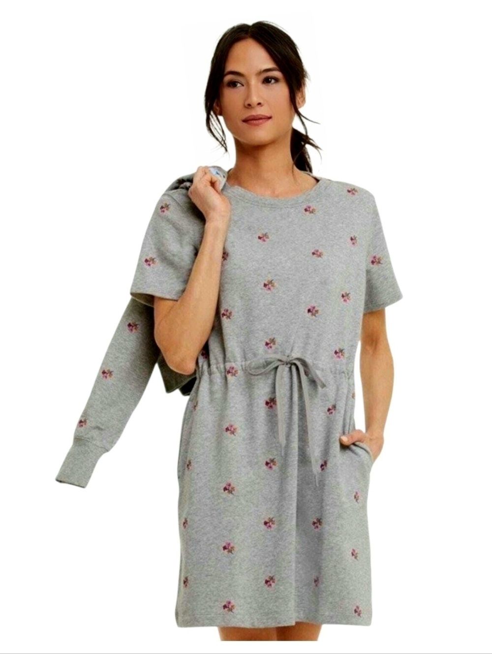 Draper James Embroidered Sweatshirt Dress XS Heather Grey Cotton Terry